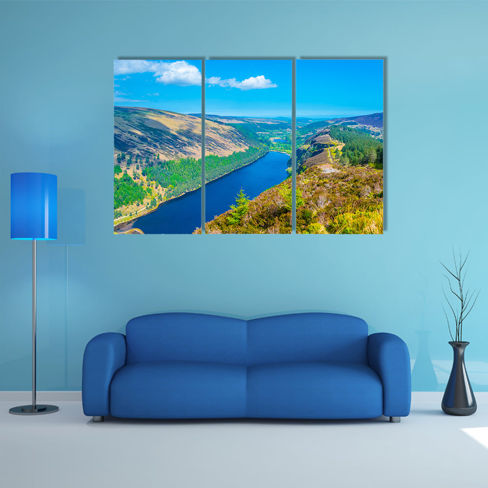 Aerial view of the upper and lower lake in Glendalough, Ireland multi panel canvas wall art