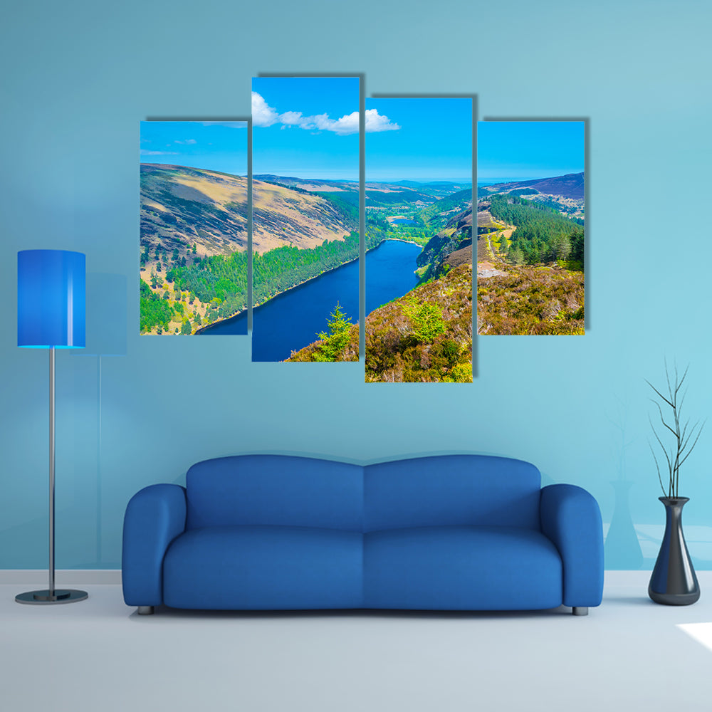 Aerial view of the upper and lower lake in Glendalough, Ireland multi panel canvas wall art