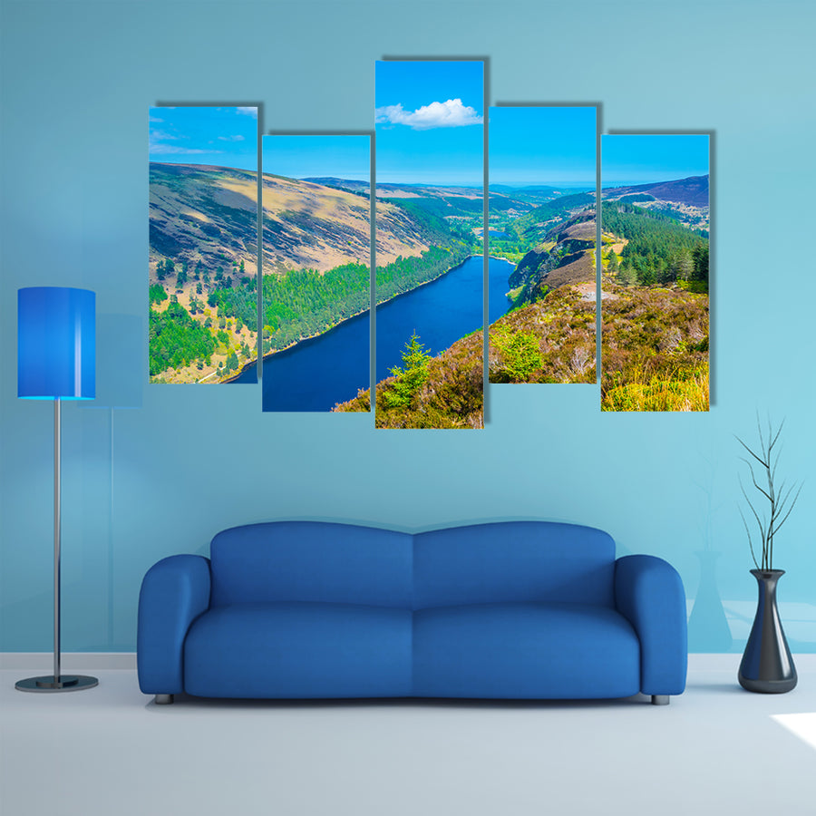 Aerial view of the upper and lower lake in Glendalough, Ireland multi panel canvas wall art