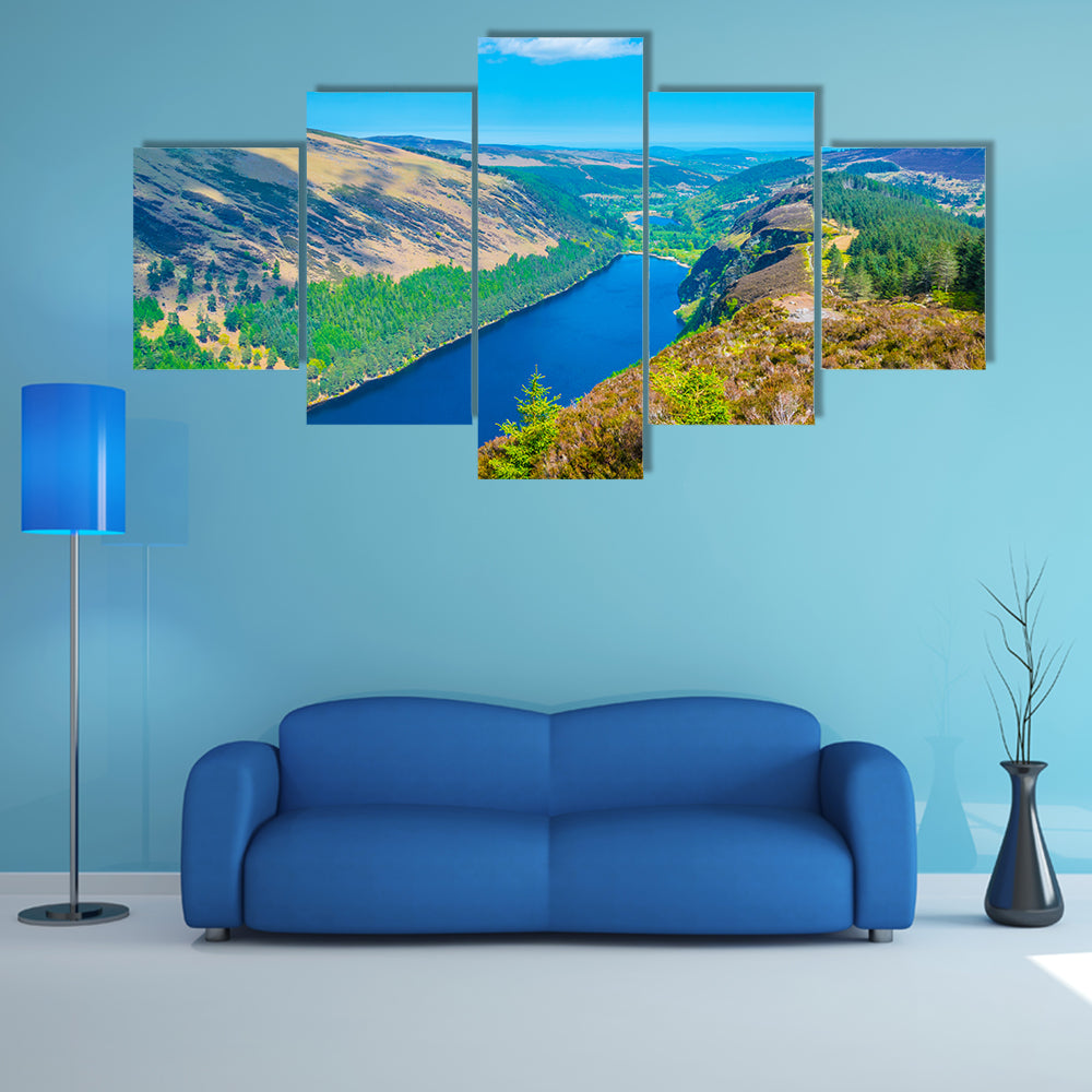 Aerial view of the upper and lower lake in Glendalough, Ireland multi panel canvas wall art