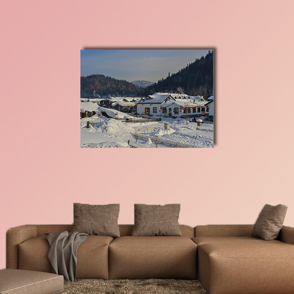 Harbin, China, Wooden houses located at mountain snow multi panel canvas wall art