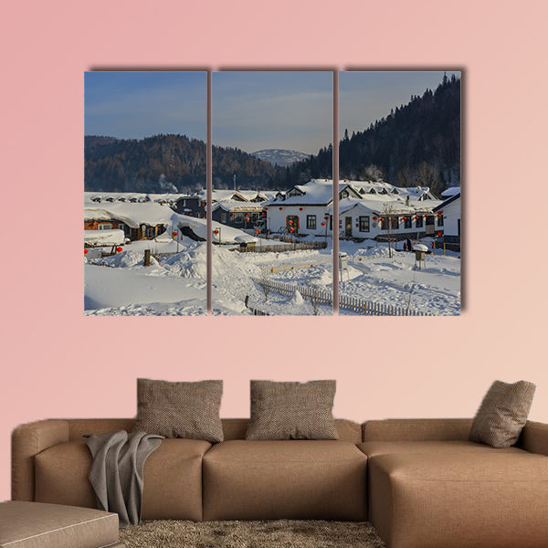 Harbin, China, Wooden houses located at mountain snow multi panel canvas wall art