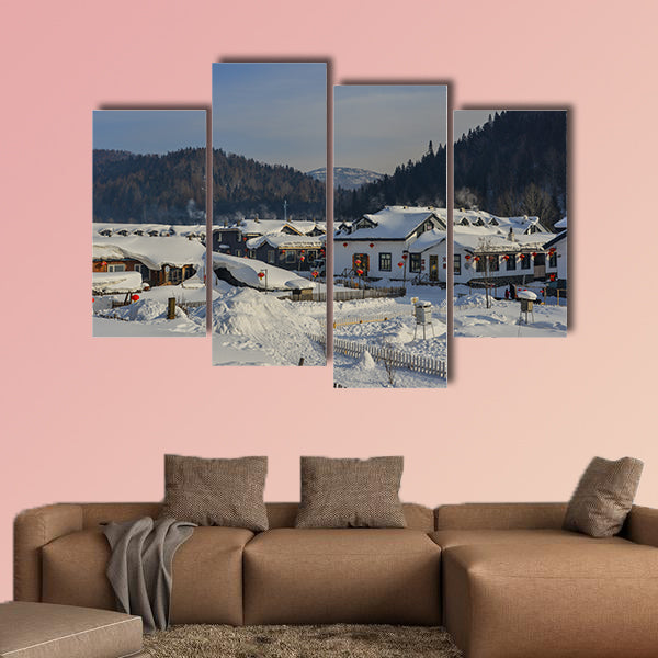 Winter landscape with cabin hut at night in Kiruna Lapland multi panel canvas wall art