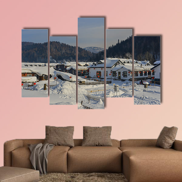 Harbin, China, Wooden houses located at mountain snow multi panel canvas wall art