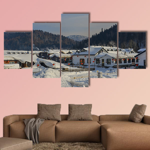 Harbin, China, Wooden houses located at mountain snow multi panel canvas wall art