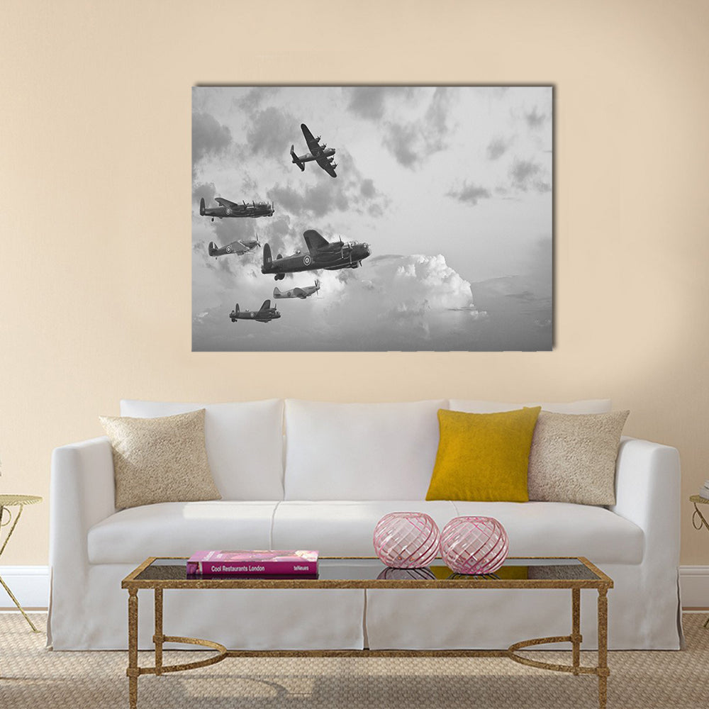 Black and white retro image of Lancaster bombers Multi Panel Canvas Wall Art