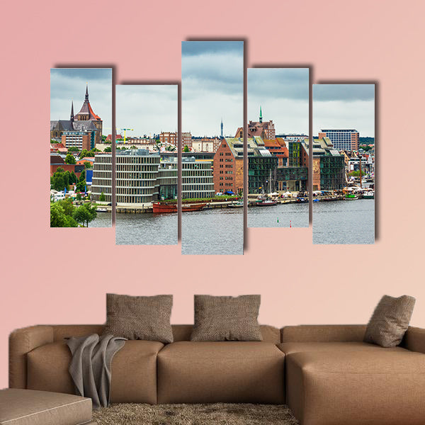 View to the port and city Rostock, Germany multi panel canvas wall art