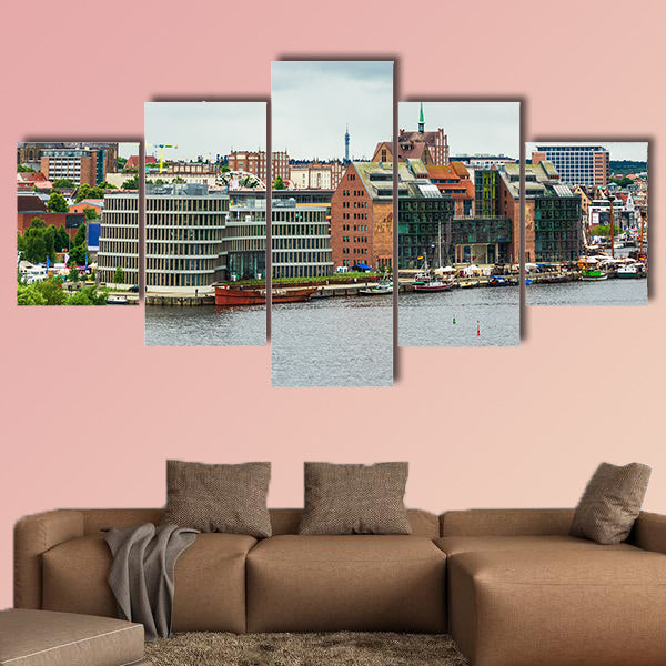 View to the port and city Rostock, Germany multi panel canvas wall art