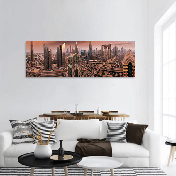 Dubai skyline during sunrise panoramic canvas wall art