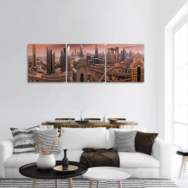 Dubai skyline during sunrise panoramic canvas wall art