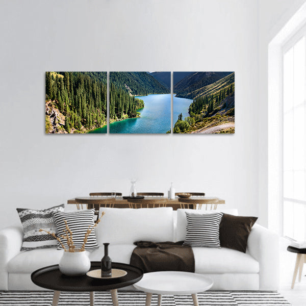 View of high mountain lake Kolsai in Kazakhstan, central Asia panoramic canvas wall art
