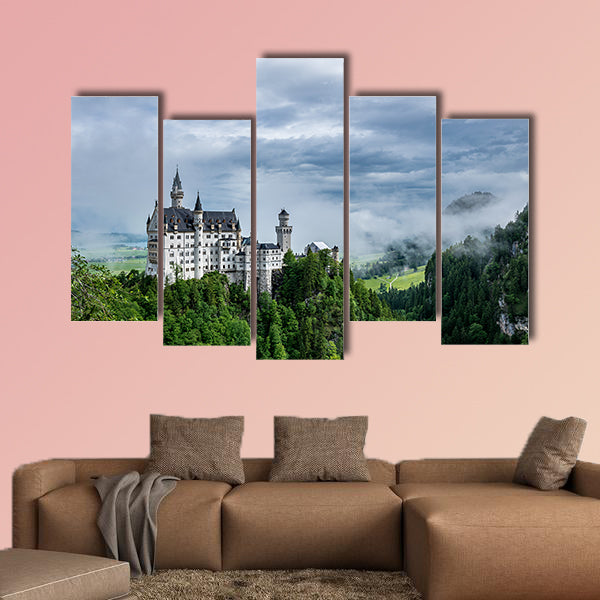 Castel called Neuschwanstein in Bavaria with clouds multi panel canvas wall art