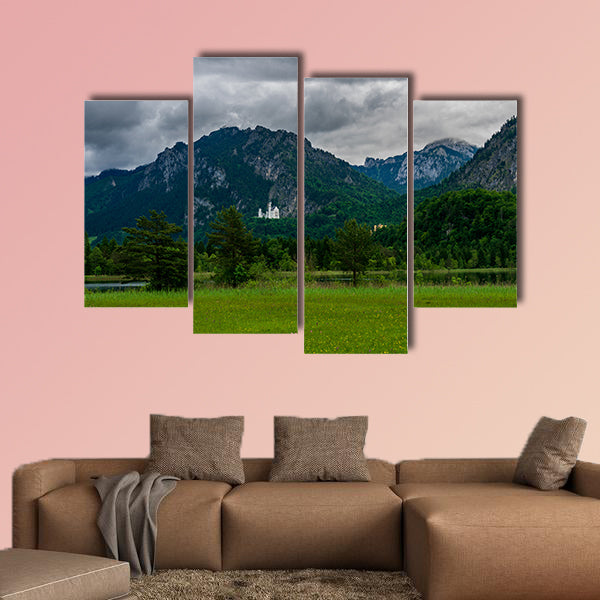 Castle Called Neuschwanstein with much trees and mountains wall art