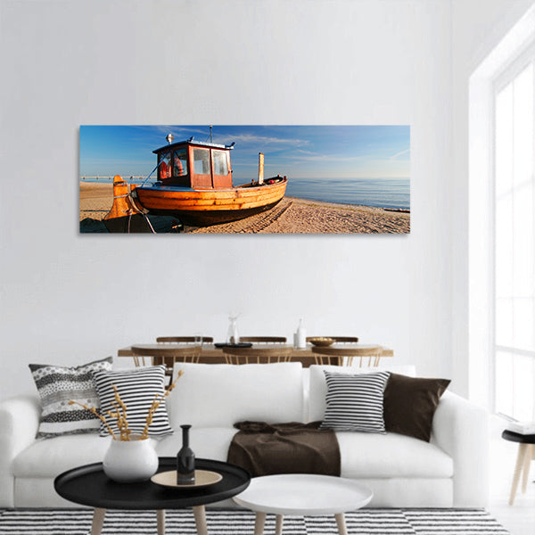 Wooden Fishing Boat on Sand Beach panoramic canvas wall art