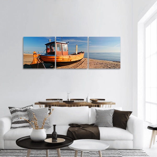 Wooden Fishing Boat on Sand Beach panoramic canvas wall art