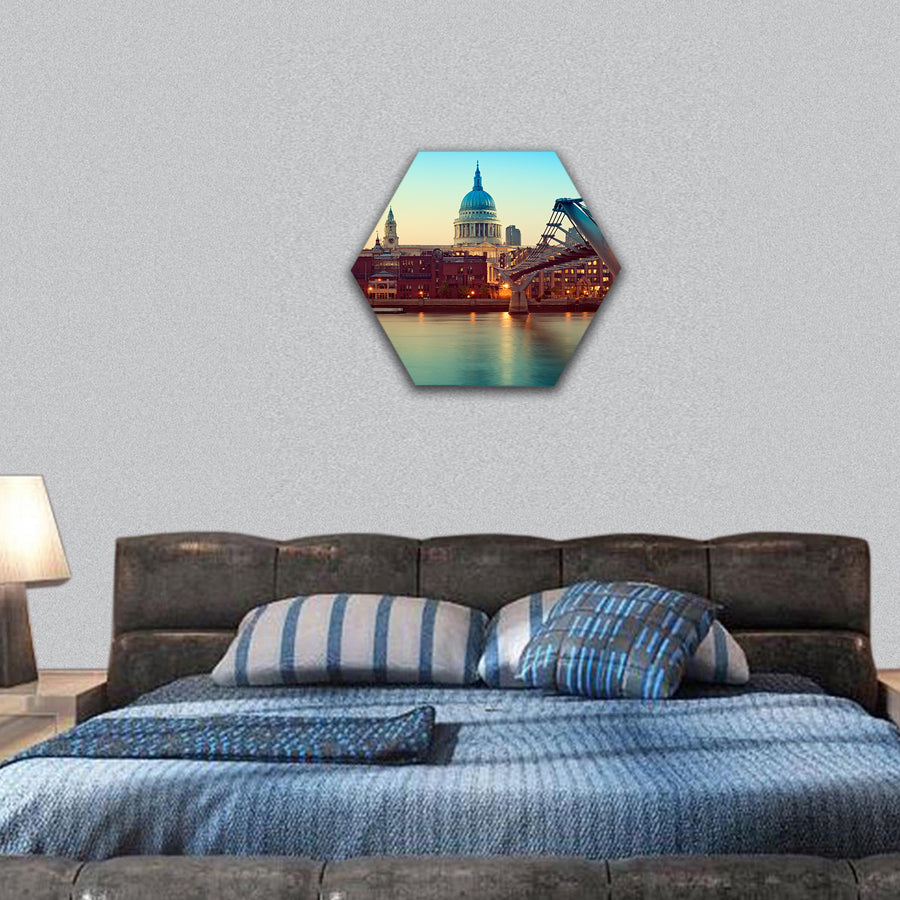 Cathedral and Millennium Bridge at night hexagonal canvas wall art