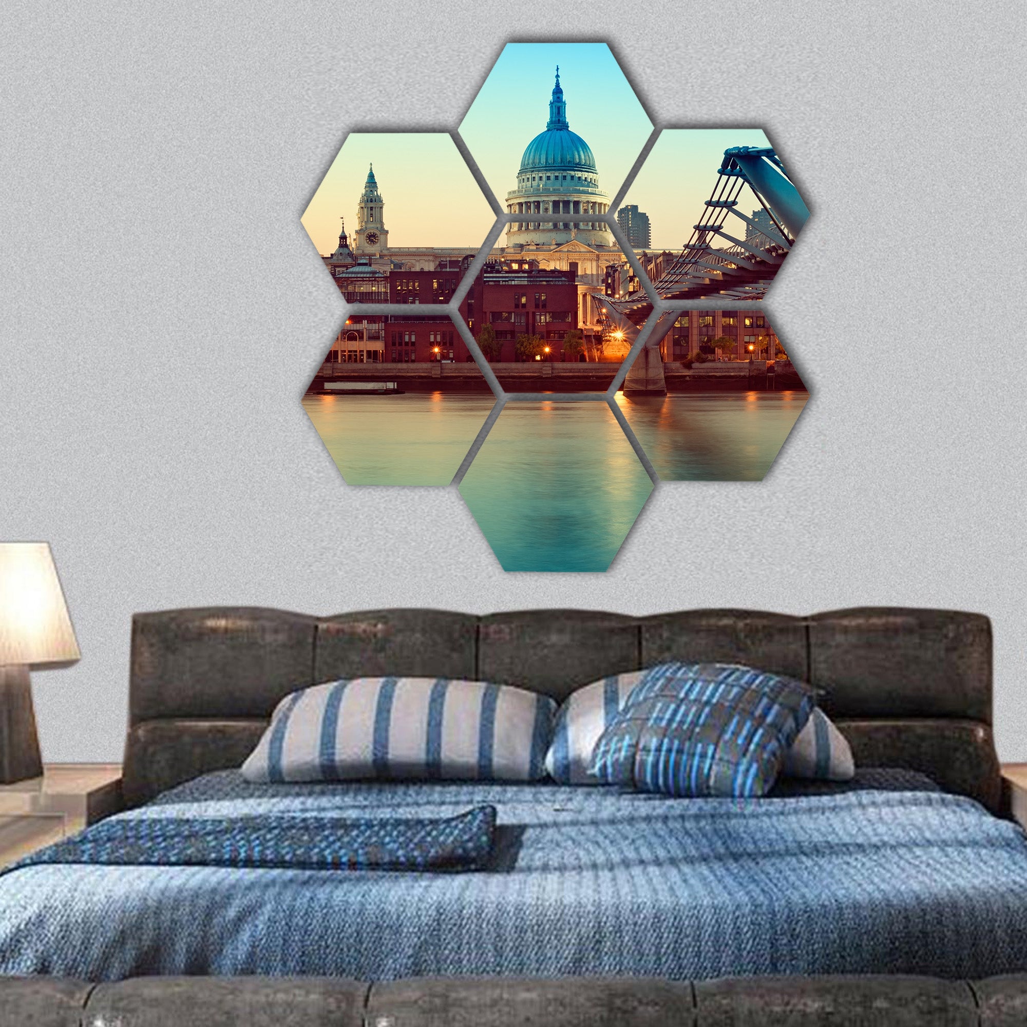 Cathedral and Millennium Bridge at night hexagonal canvas wall art