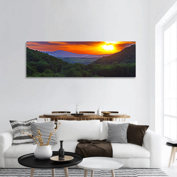 Sun with a yellow light over the mountain peaks and nature panoramic canvas wall art