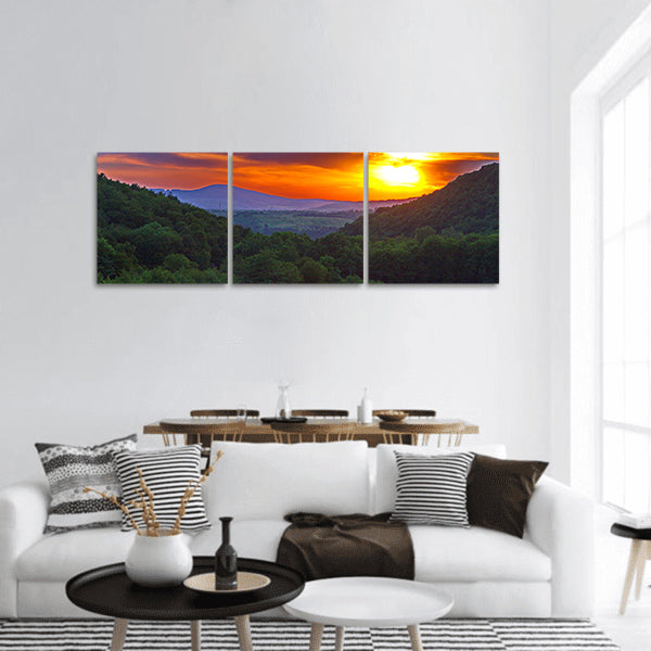 Sun with a yellow light over the mountain peaks and nature panoramic canvas wall art