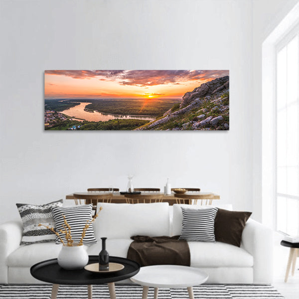 Sunset over the Rocks and the River Landscape panoramic canvas wall art