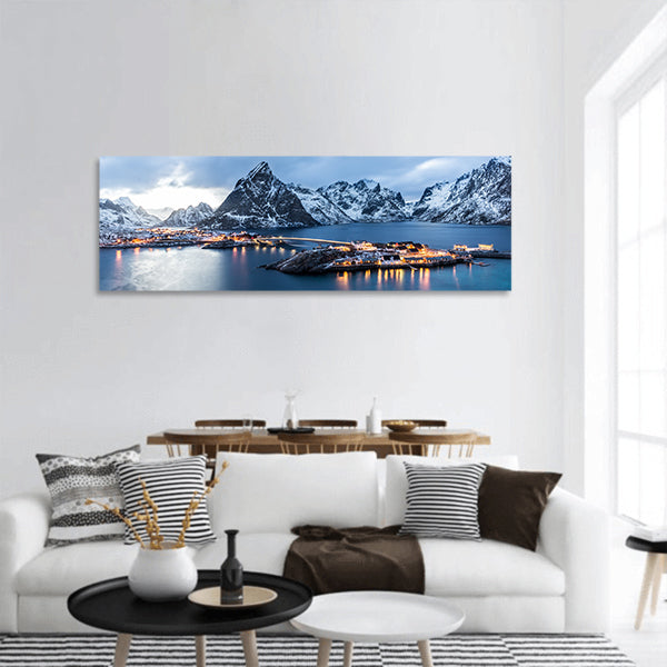 Norway at blue hour seen from hill in front Sakrisoy, Lofoten panoramic canvas wall art
