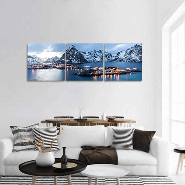 Norway at blue hour seen from hill in front Sakrisoy, Lofoten panoramic canvas wall art