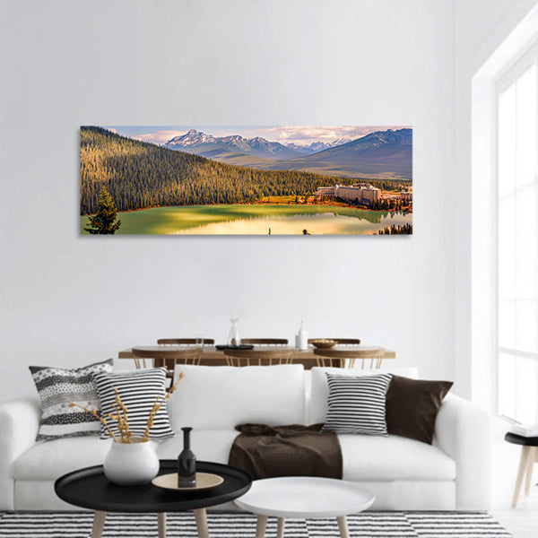 Blue lake and mountains Forest and buildings  panoramic canvas wall art