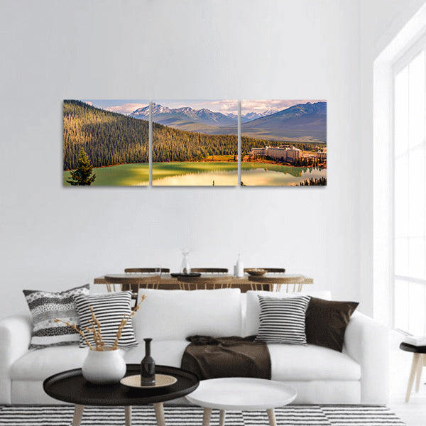 Blue lake and mountains Forest and buildings  panoramic canvas wall art