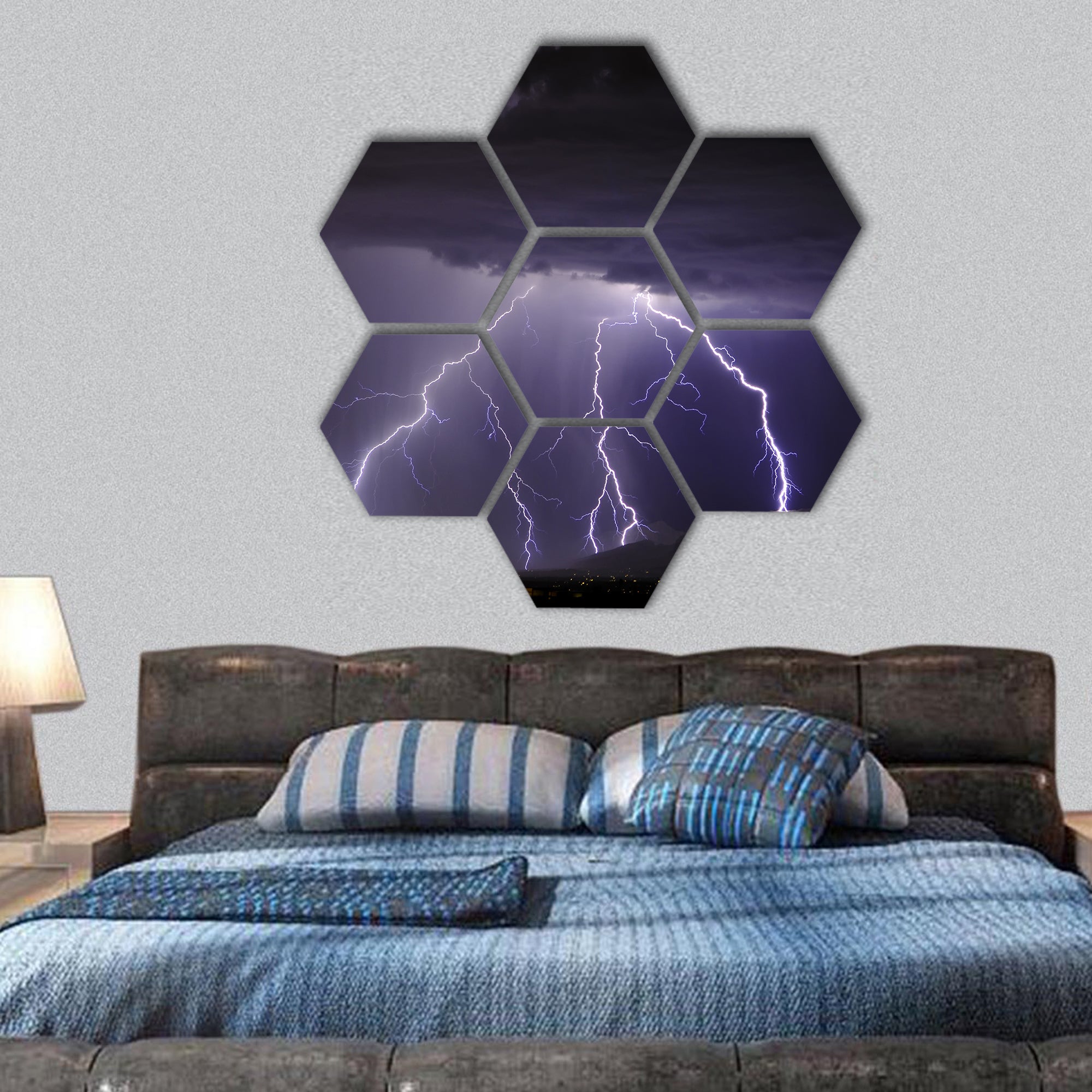 Lightning in the Tucson Valley hexagonal canvas wall art