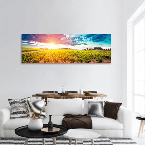 Landscape of Tuscany with desk of yellow wood panoramic canvas wall art