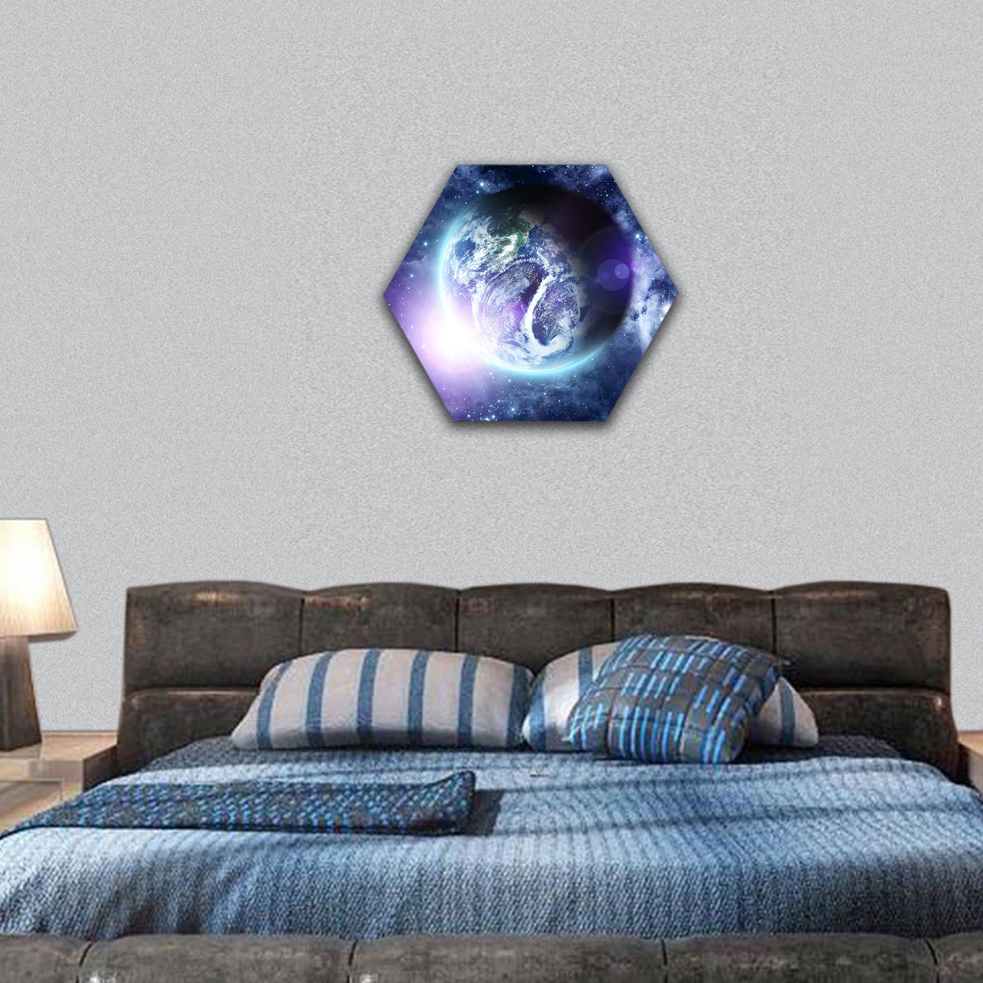 sunrise on blue planet Earth in deep space hexagonal canvas wall art