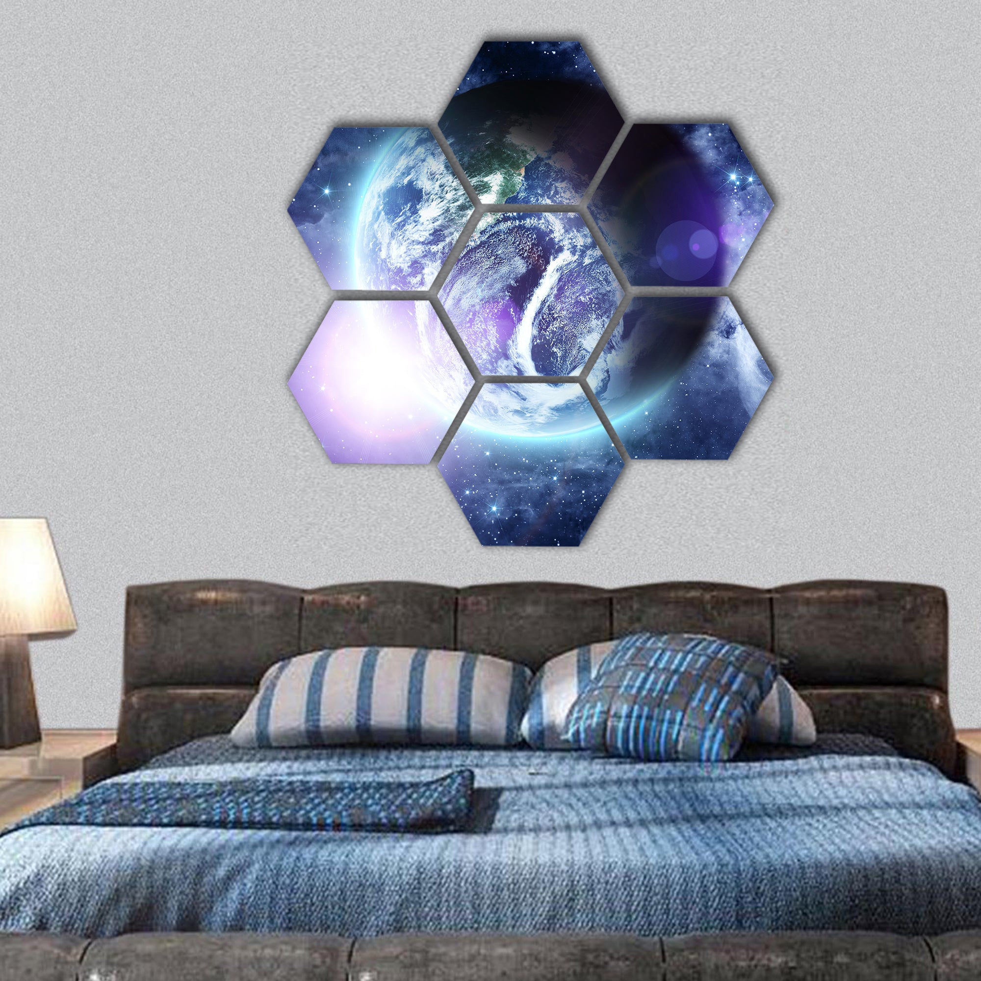 sunrise on blue planet Earth in deep space hexagonal canvas wall art