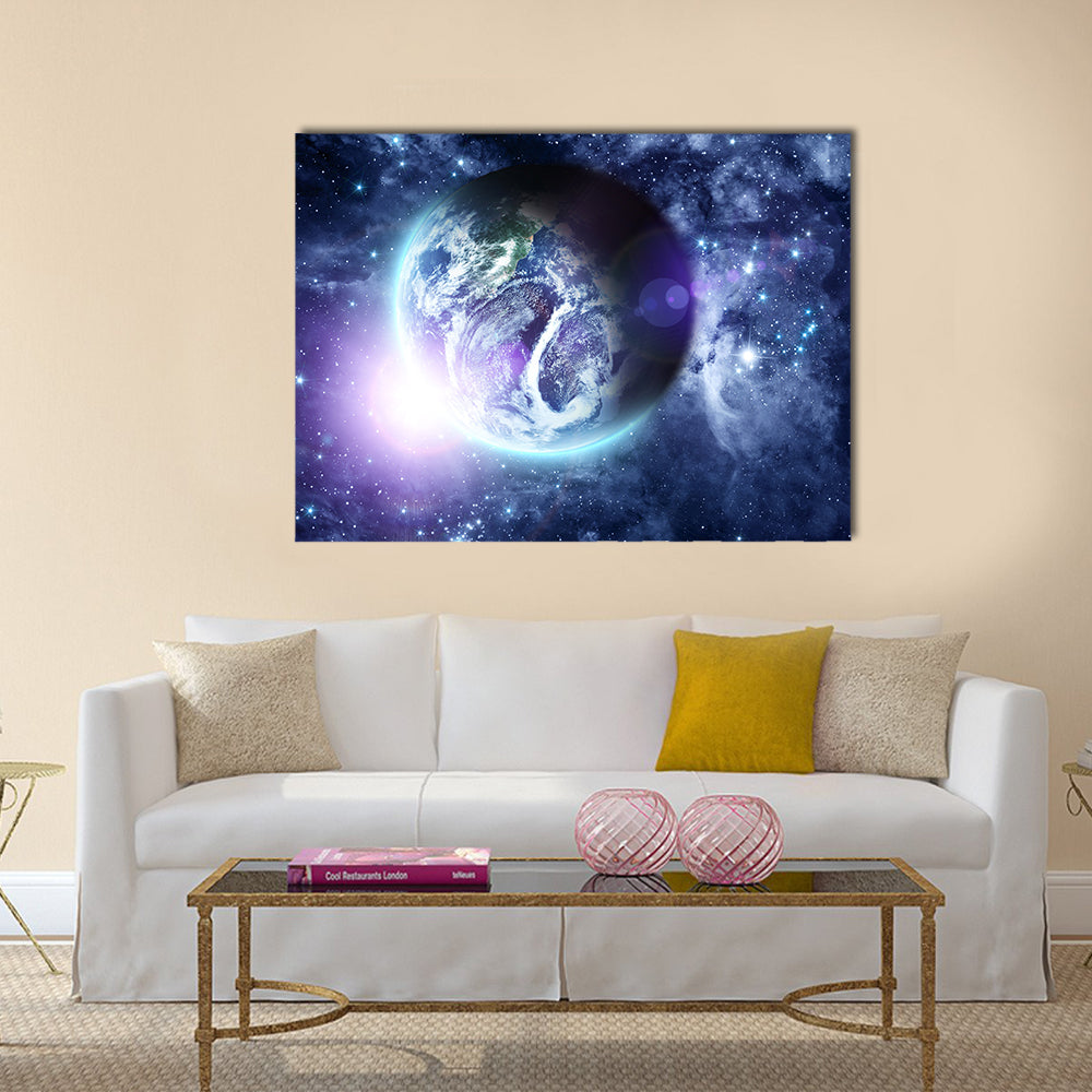 Sunrise on blue planet Earth in deep space Multi Panel Canvas Wall Art