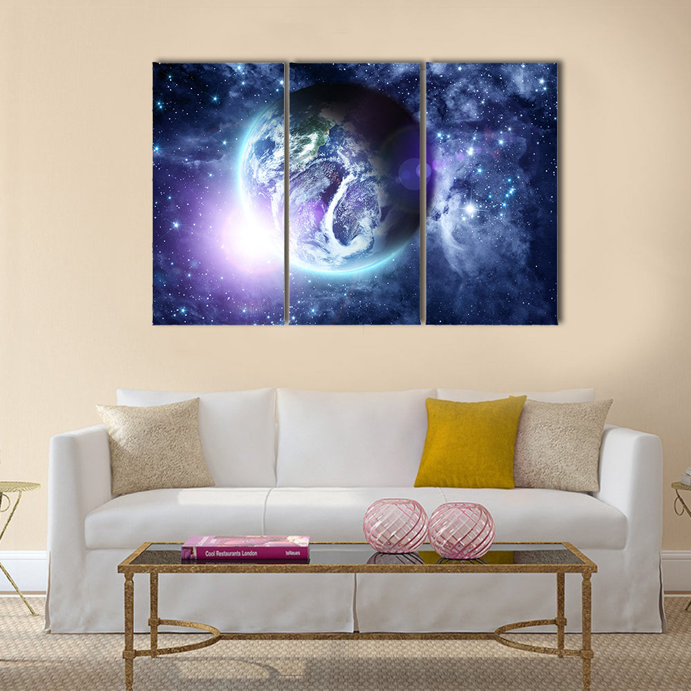 Sunrise on blue planet Earth in deep space Multi Panel Canvas Wall Art