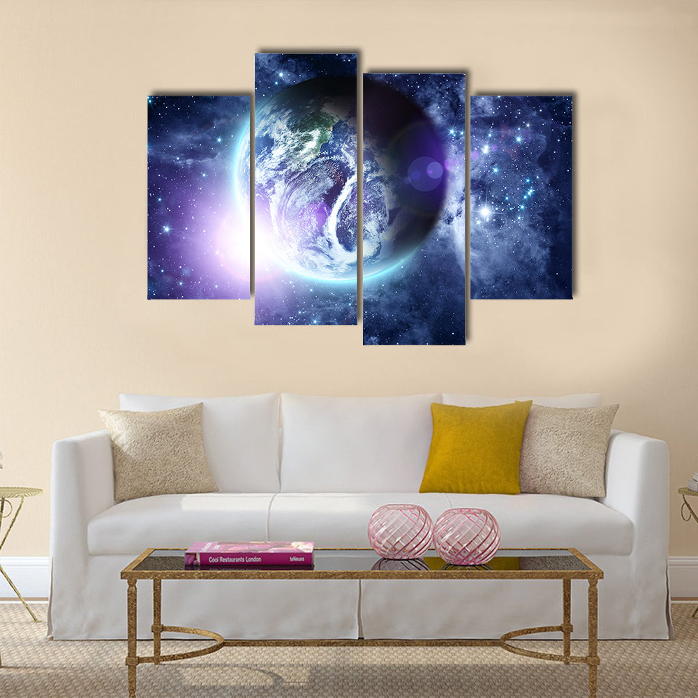 Sunrise on blue planet Earth in deep space Multi Panel Canvas Wall Art