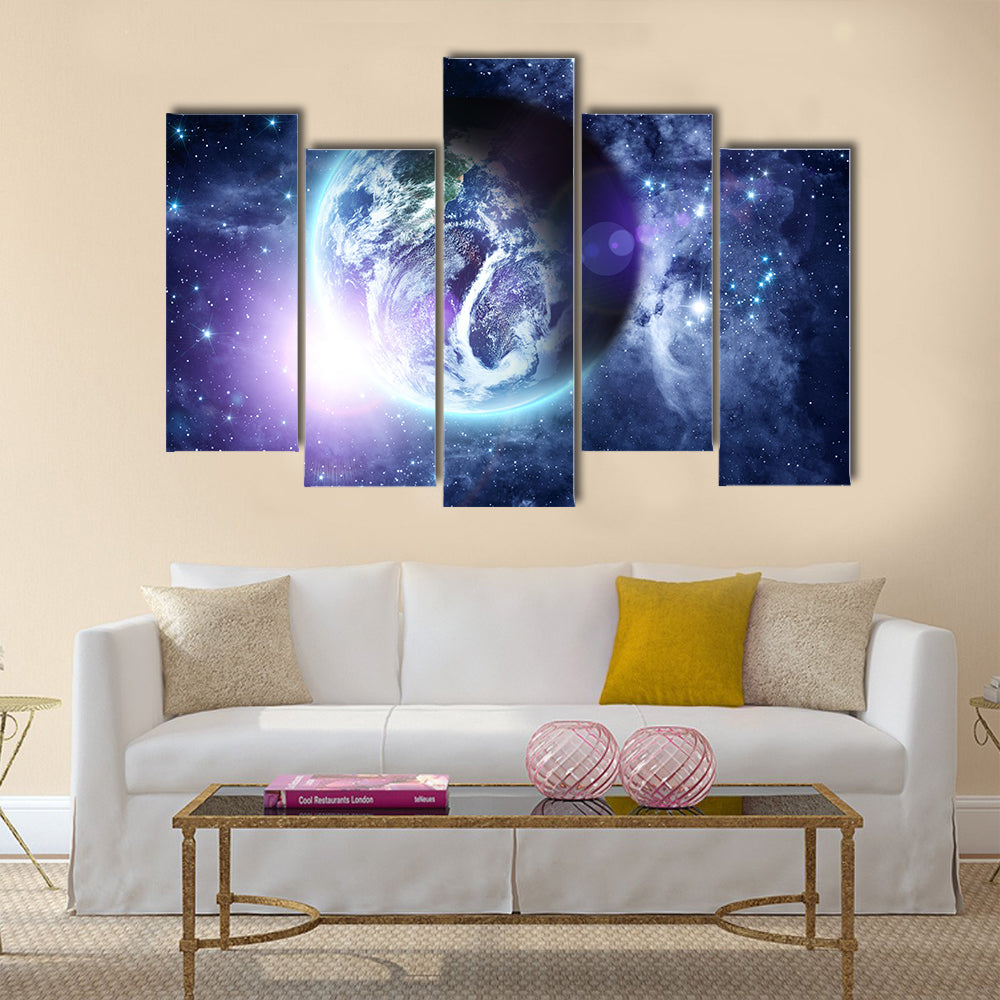 Sunrise on blue planet Earth in deep space Multi Panel Canvas Wall Art