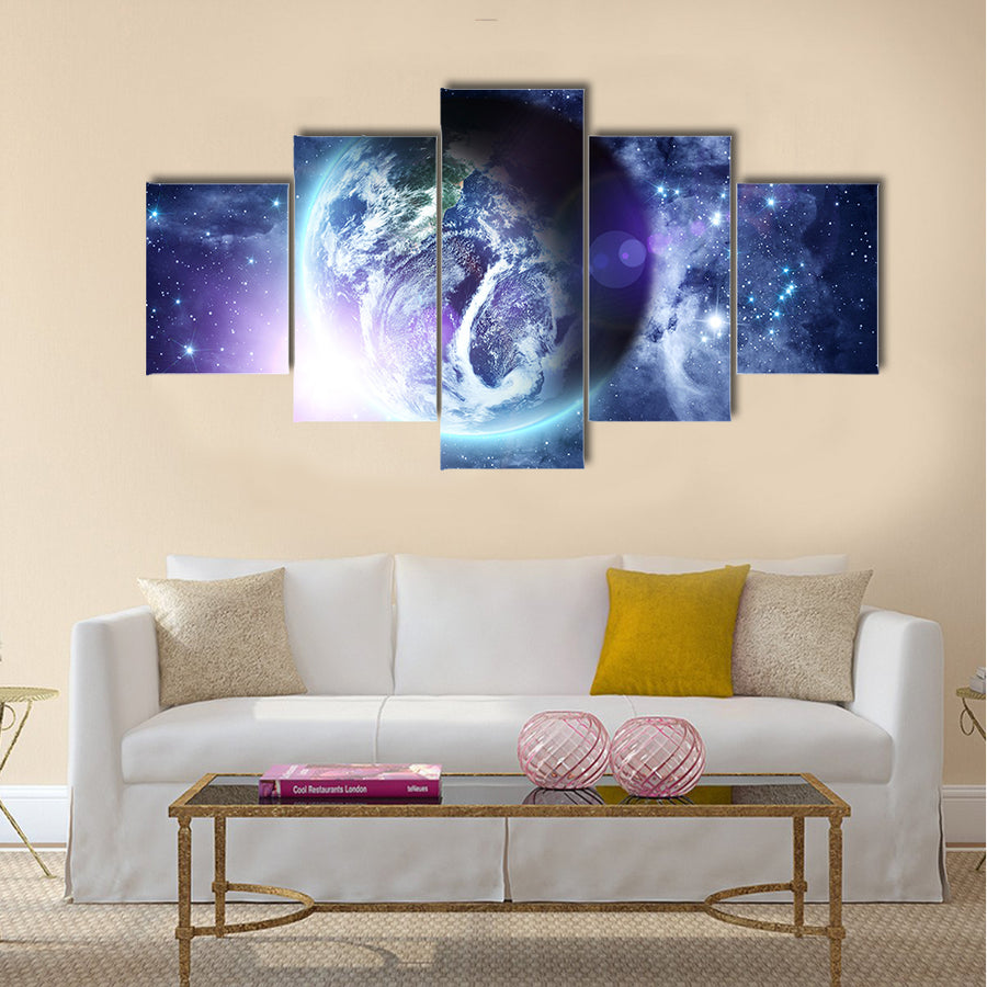 Sunrise on blue planet Earth in deep space Multi Panel Canvas Wall Art