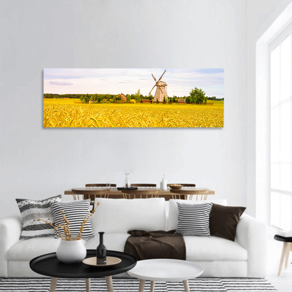 Wooden windmill field and sky Dudutki village, Minsk Region panoramic canvas wall art