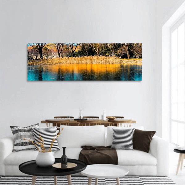Trees by the lake panoramic canvas wall art