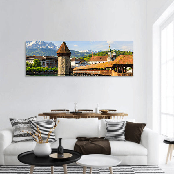 Chapel Bridge ,Reuss river,octagonal water tower Switzerland panoramic canvas wall art