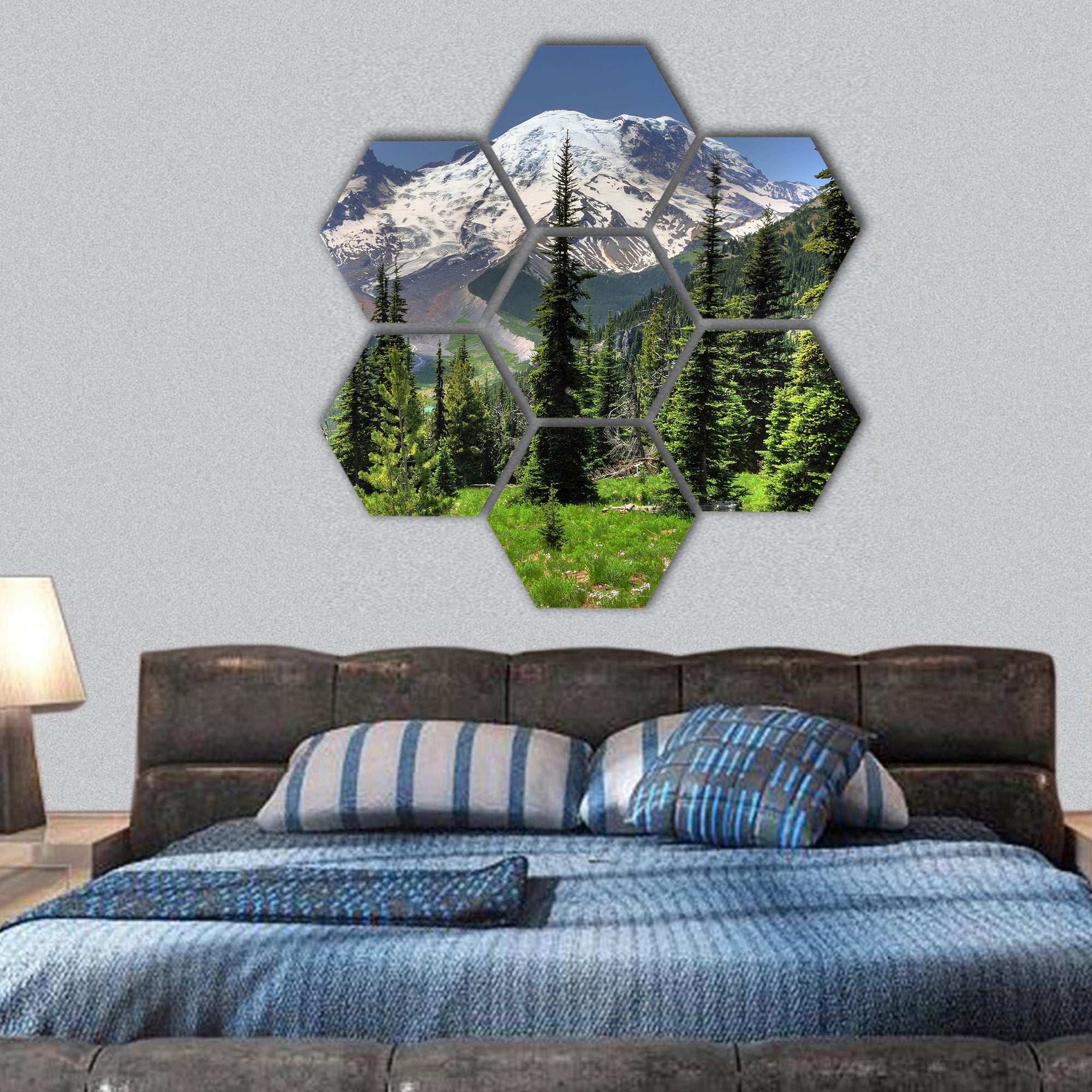 Portrait of Mt Rainier with green meadows and pine trees hexagonal canvas wall art
