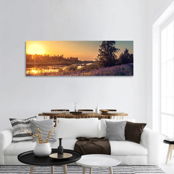 Beautiful lupines at sunset panoramic canvas wall art