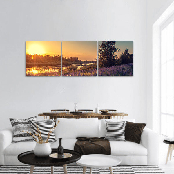 Beautiful lupines at sunset panoramic canvas wall art