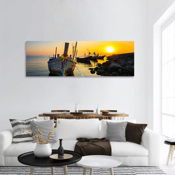 Fishing boat with sunset panoramic canvas wall art