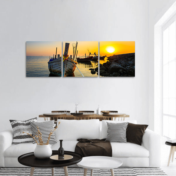 Fishing boat with sunset panoramic canvas wall art
