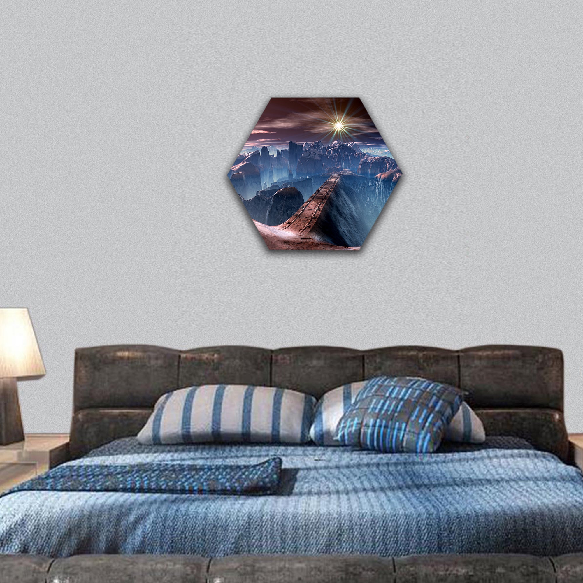 Futuristic Bridge over Ravine on Alien Planet hexagonal canvas wall art