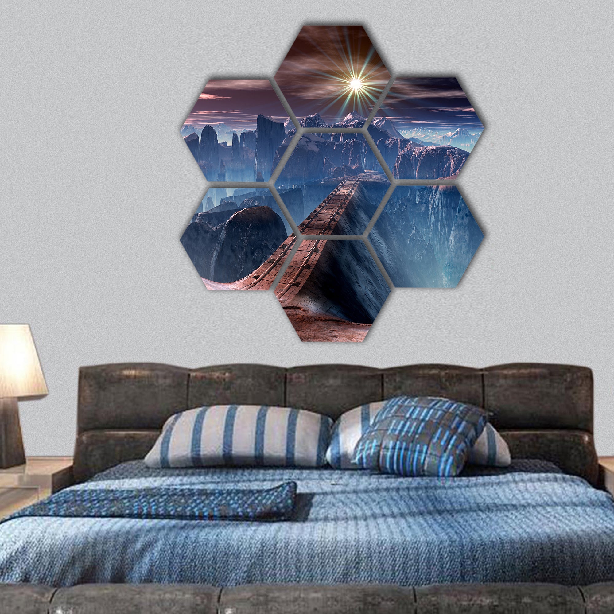 Futuristic Bridge over Ravine on Alien Planet hexagonal canvas wall art