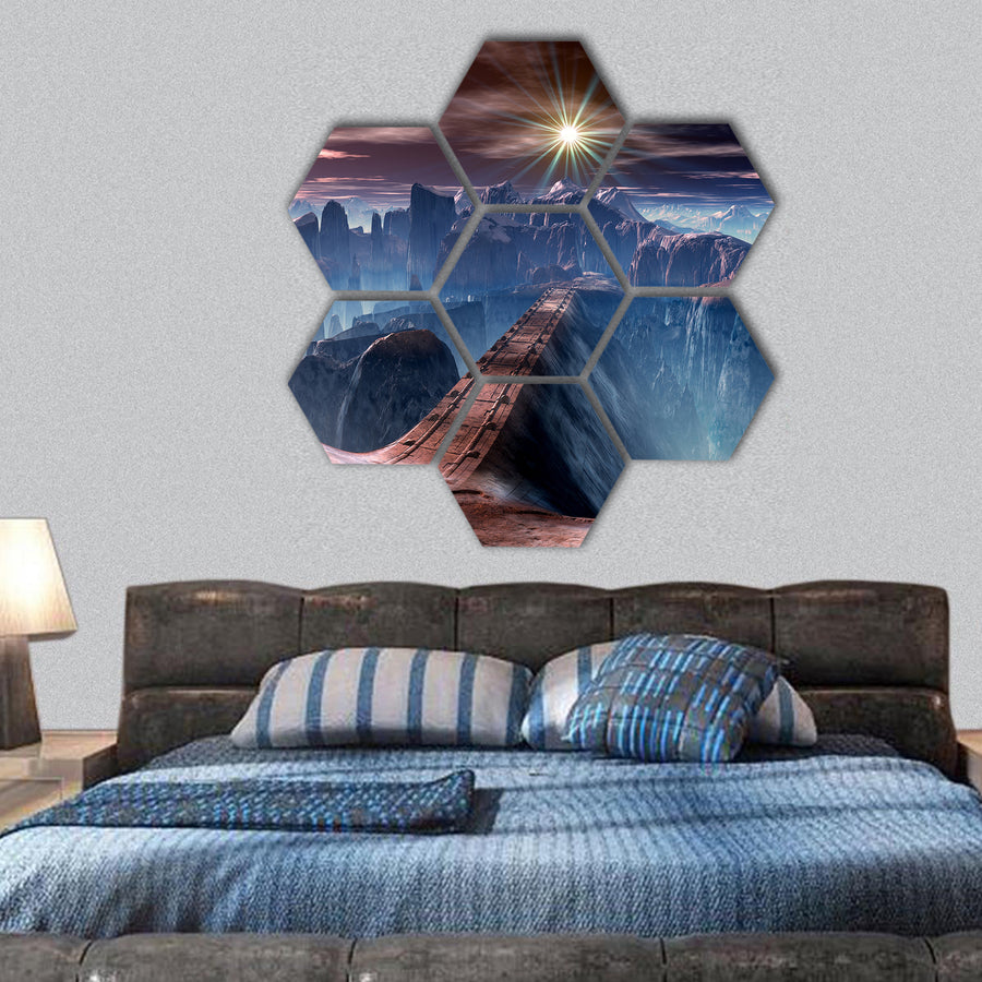 Futuristic Bridge over Ravine on Alien Planet hexagonal canvas wall art