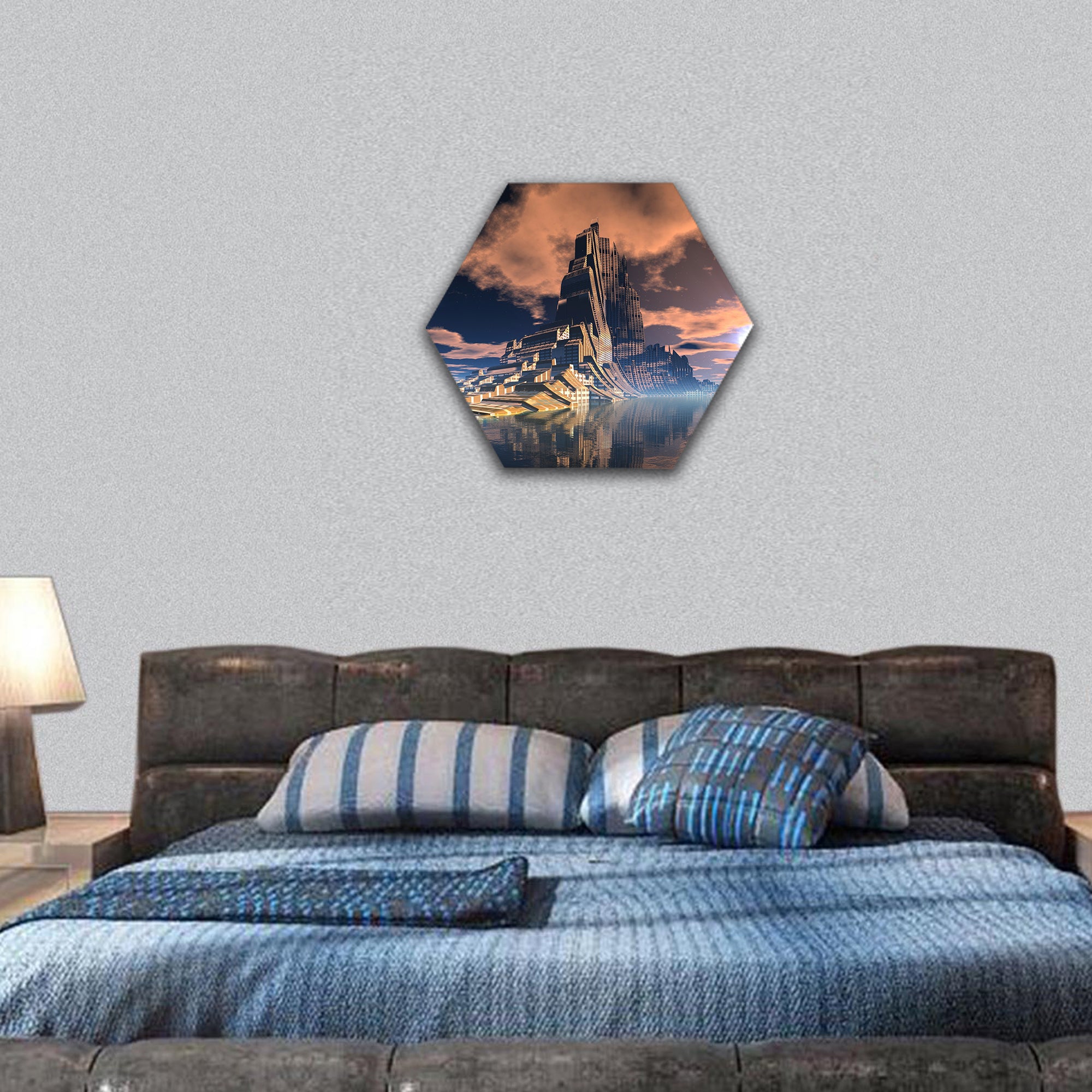 Futuristic Alien City at Lunar Eclipse hexagonal canvas wall art