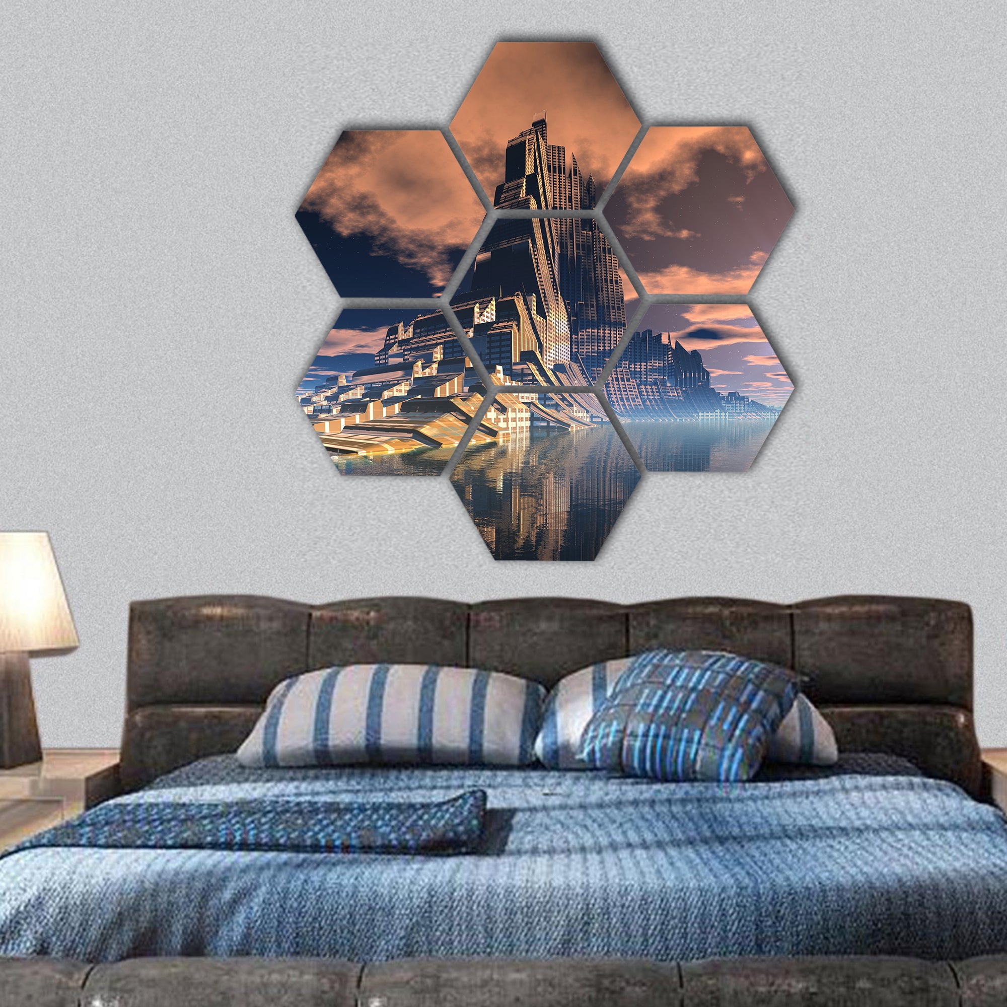 Futuristic Alien City at Lunar Eclipse hexagonal canvas wall art